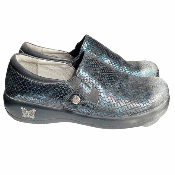 Alegria Slip On Clog Black Blue Shimmer Reptile Print Leather Size 36 Nursing - Picture 5 of 11